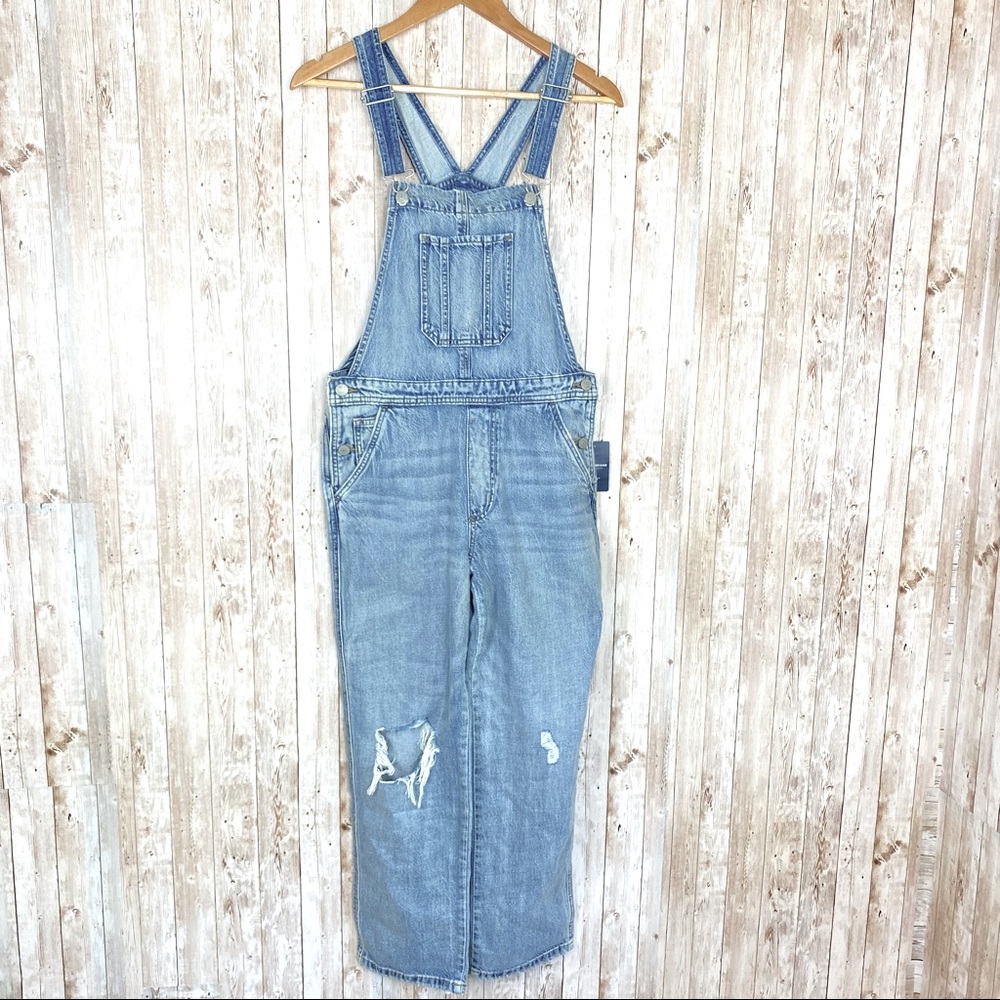 Lucky Brand Women's XS Distressed Lightweight Denim Overalls Blue Relaxed